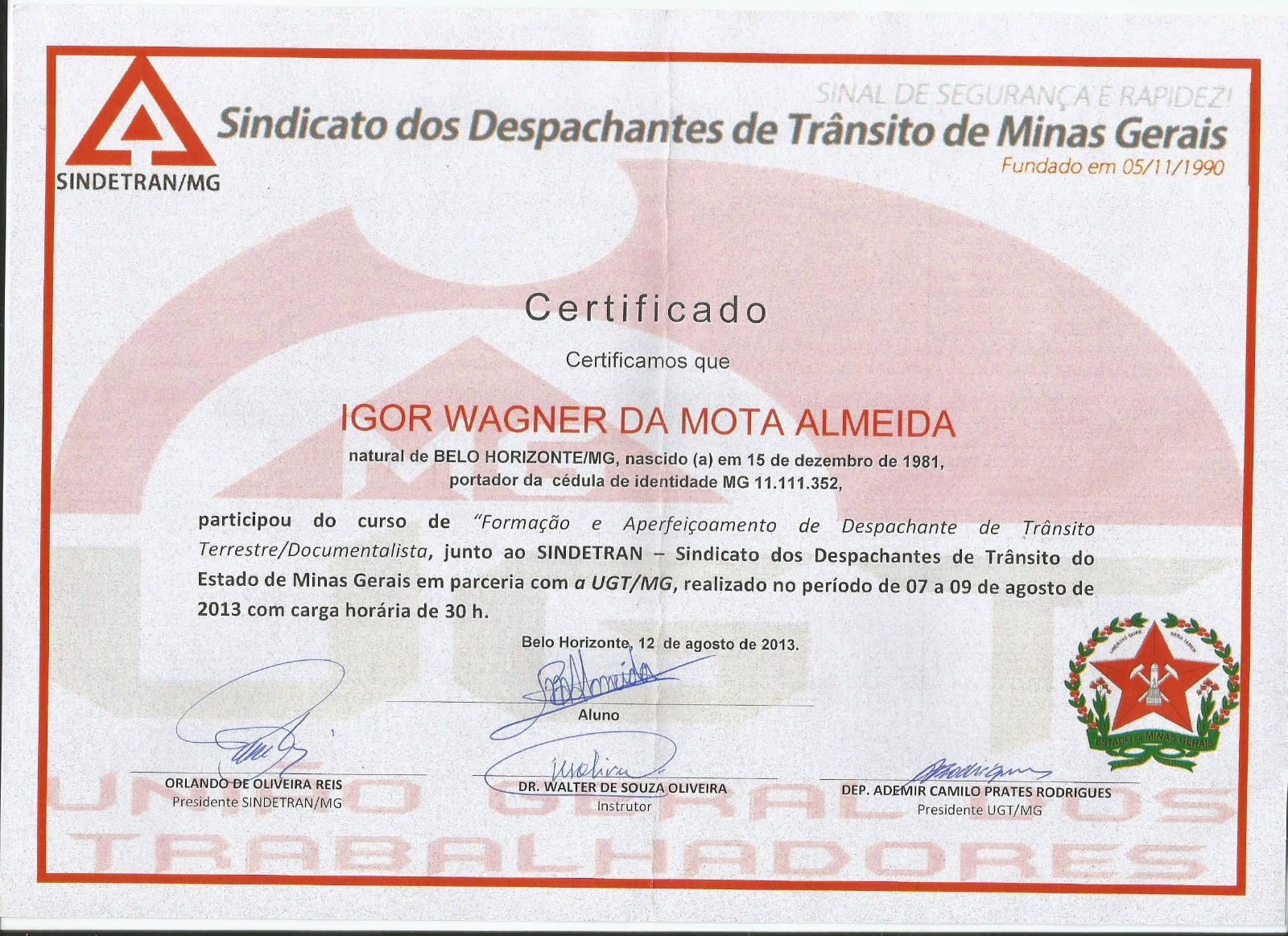 Certificado do Sindicato dos Despachantes de Trânsito de Minas Gerais